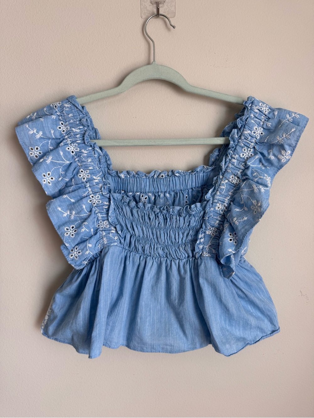 Zara Embroidered Eyelet Ruffle Crop Top Blue Cotton Smocked Back Size L - Picture 6 of 8
